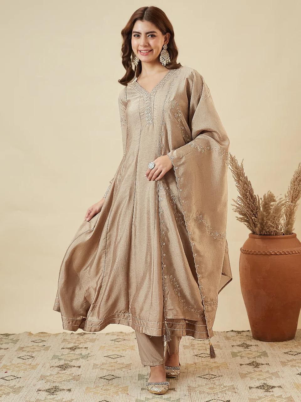 Trendy Vichitra Silk Embroidered Anarkali Kurti Pant Set with Dupatta