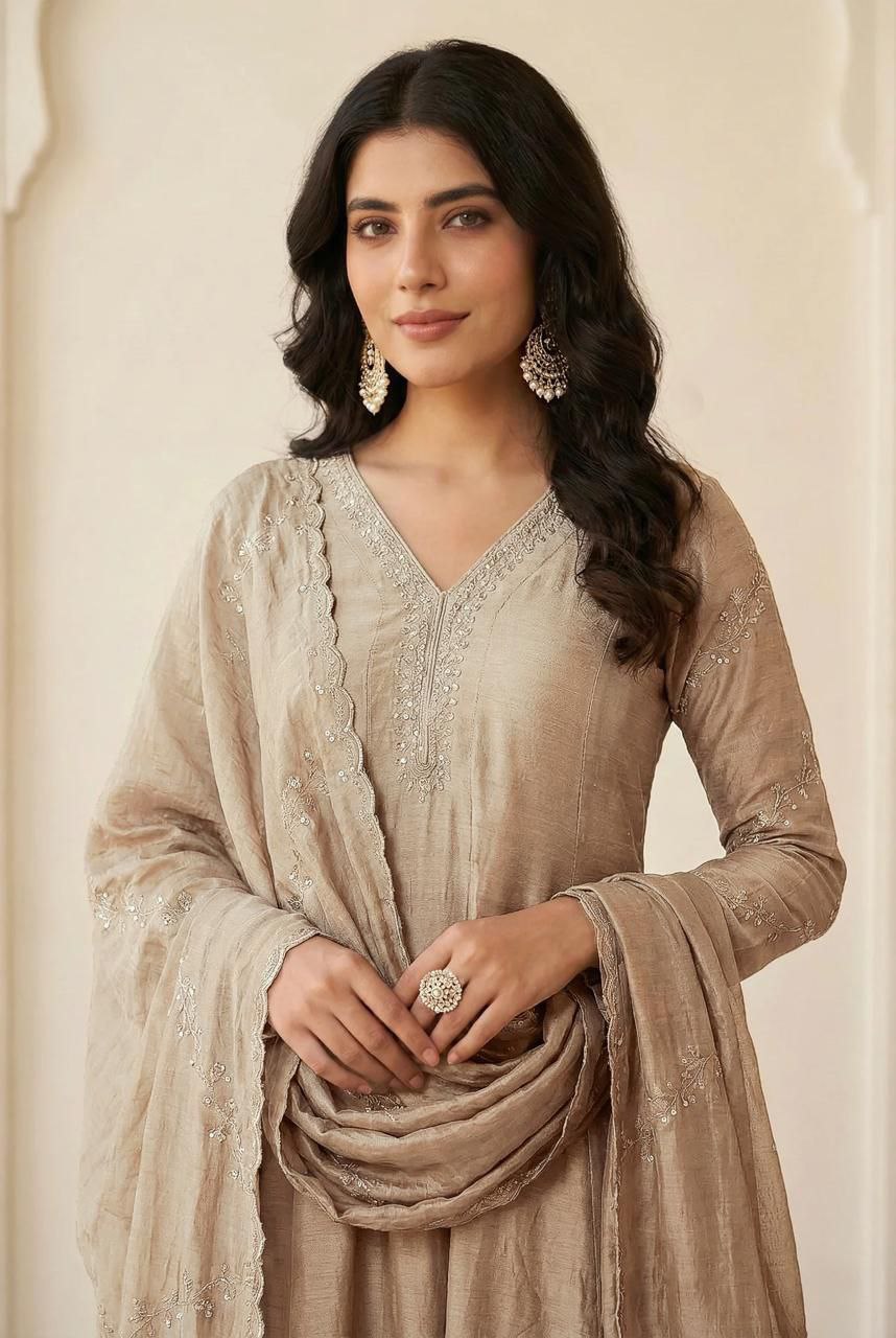 Trendy Vichitra Silk Embroidered Anarkali Kurti Pant Set with Dupatta