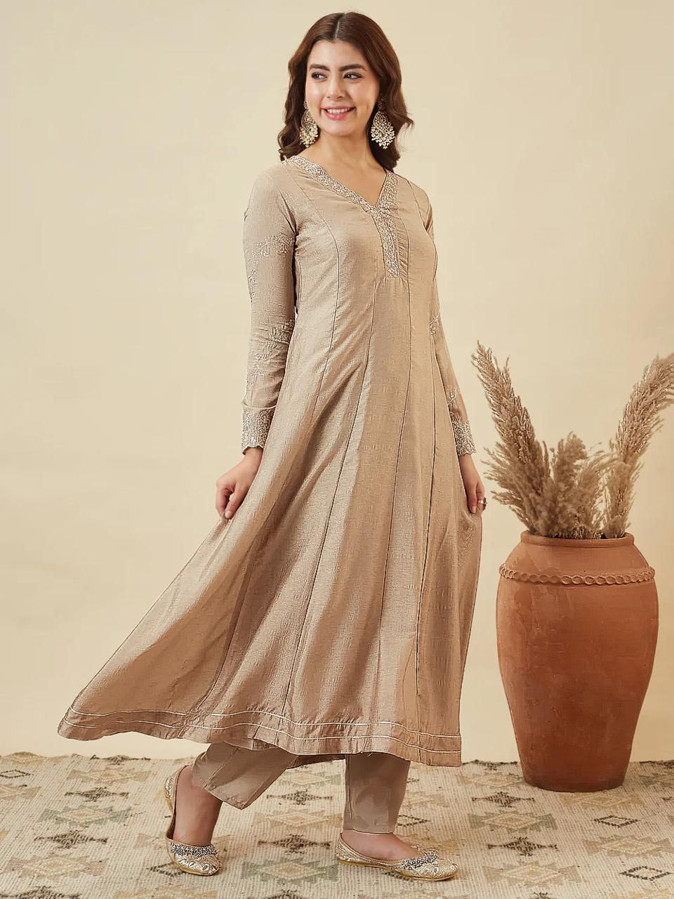 Trendy Vichitra Silk Embroidered Anarkali Kurti Pant Set with Dupatta