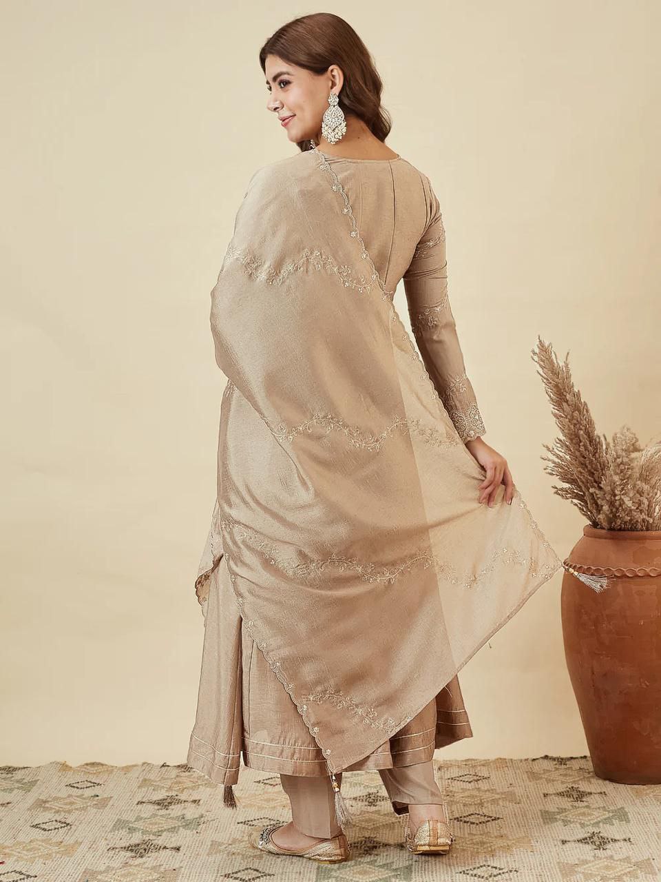 Trendy Vichitra Silk Embroidered Anarkali Kurti Pant Set with Dupatta