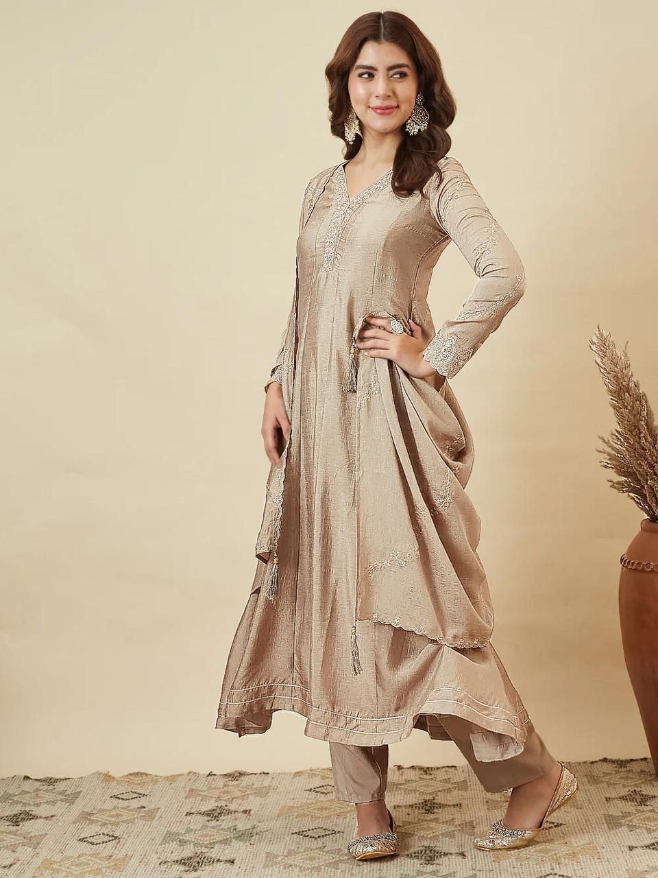 Trendy Vichitra Silk Embroidered Anarkali Kurti Pant Set with Dupatta
