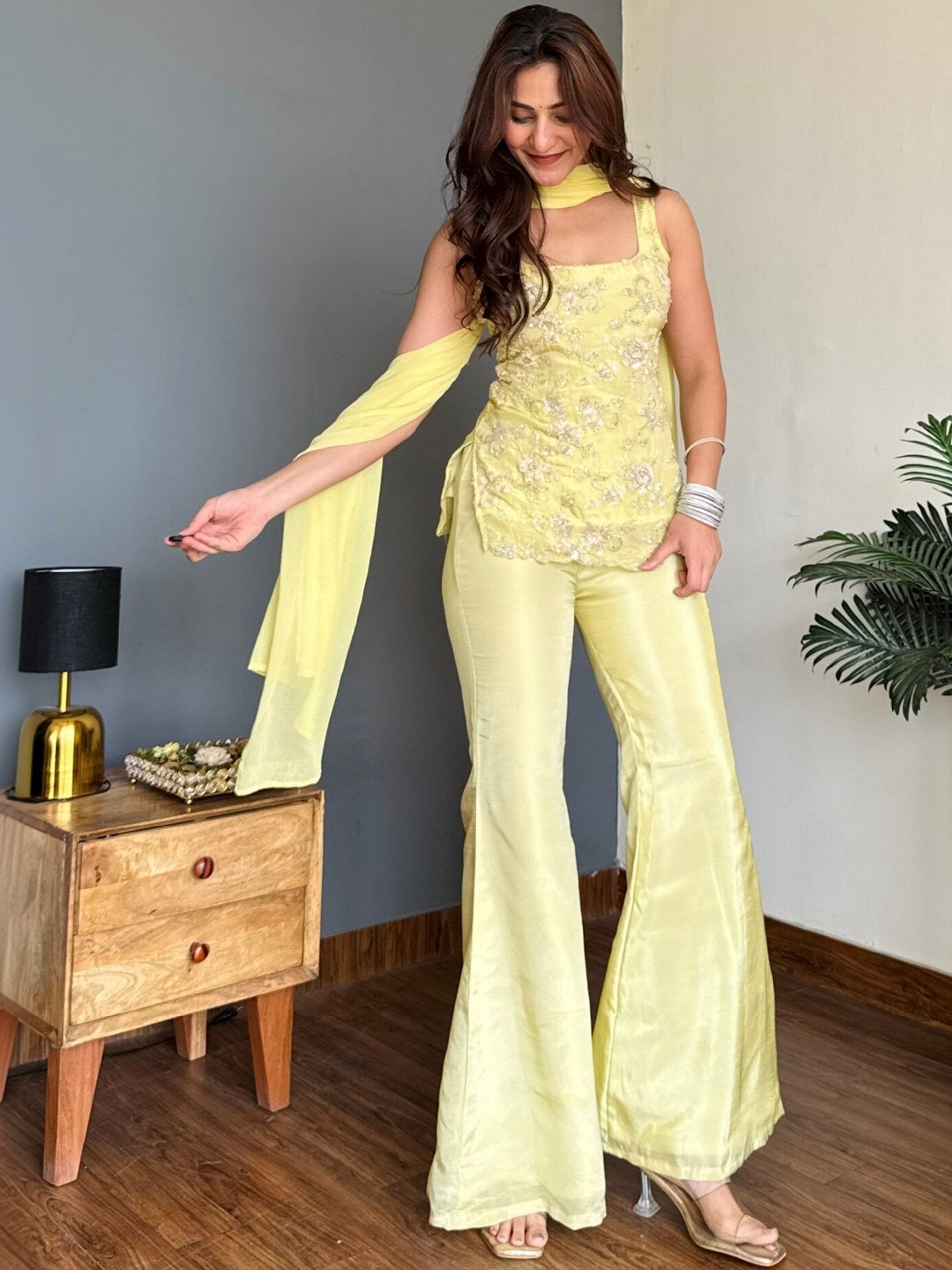 Women's Yellow Faux Georgette Floral Embroidered Kurta Palazzo Set with Dupatta