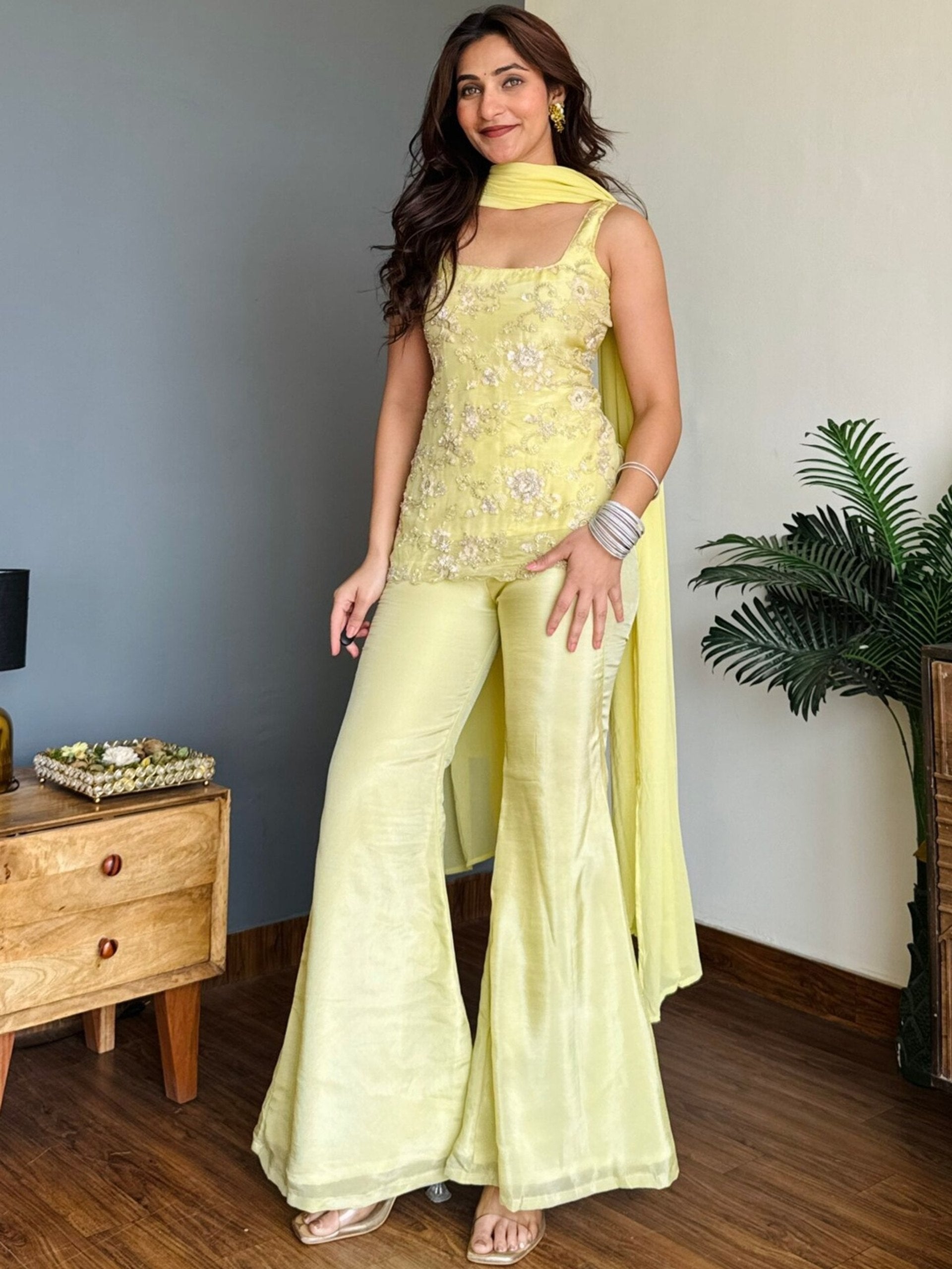 Women's Yellow Faux Georgette Floral Embroidered Kurta Palazzo Set with Dupatta