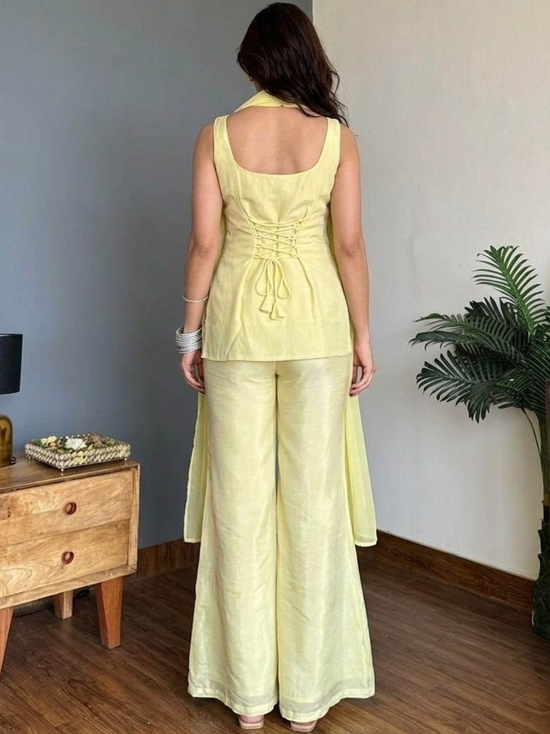 Women's Yellow Faux Georgette Floral Embroidered Kurta Palazzo Set with Dupatta