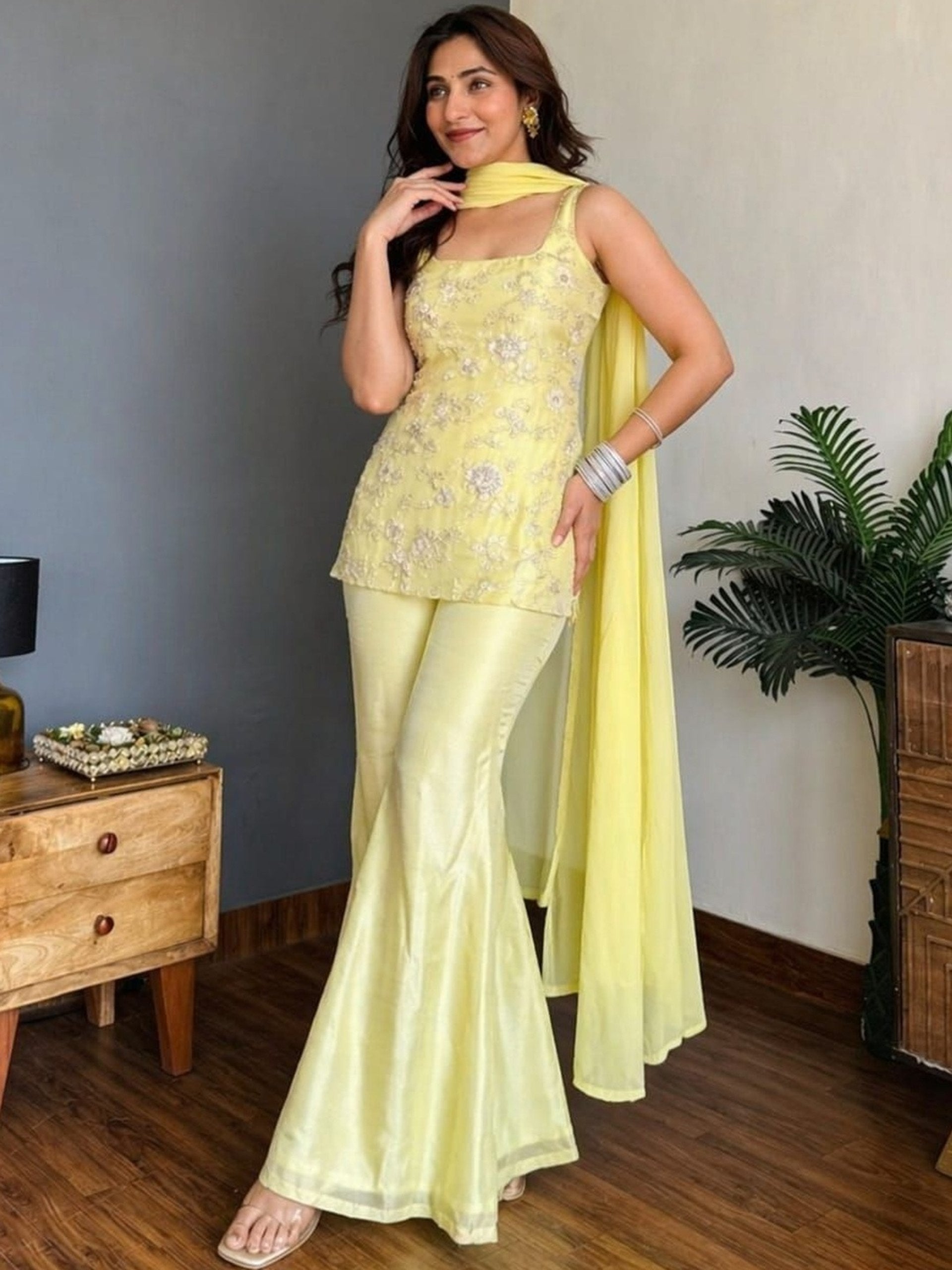 Women's Yellow Faux Georgette Floral Embroidered Kurta Palazzo Set with Dupatta