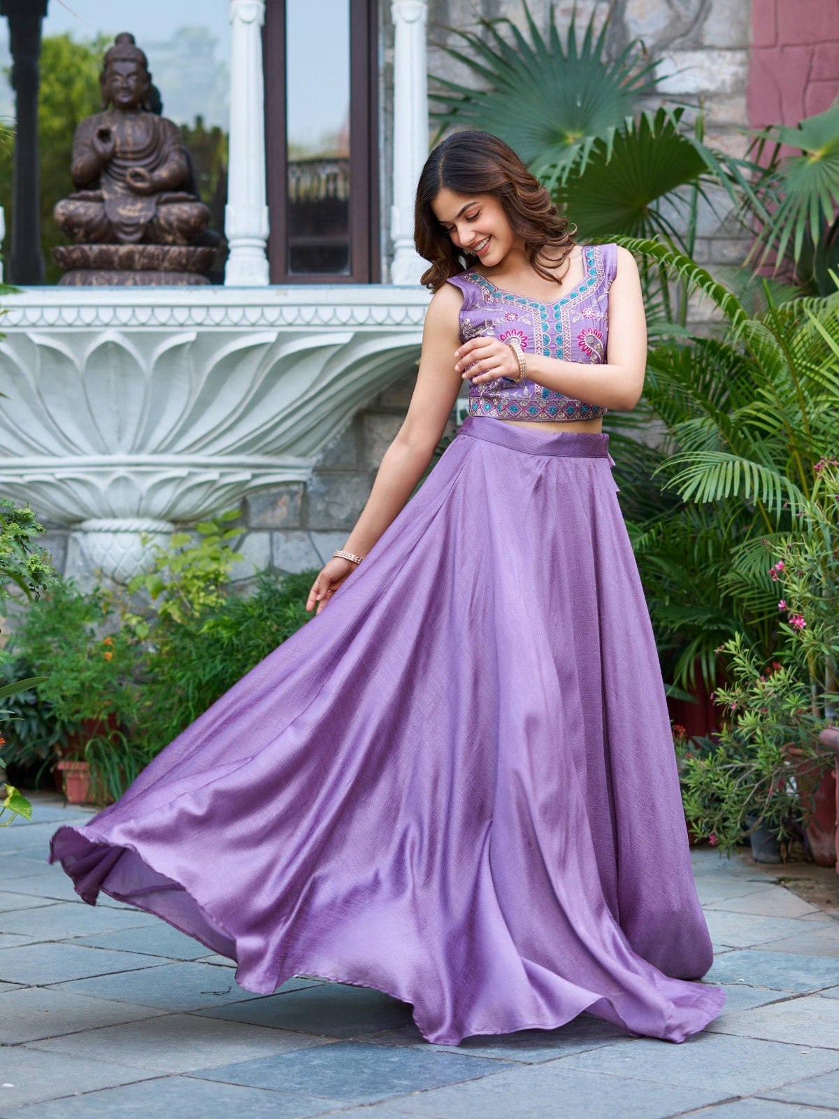 Women's Vichitra Stitched Lehenga Choli with Embroidered Jacket (Koti)