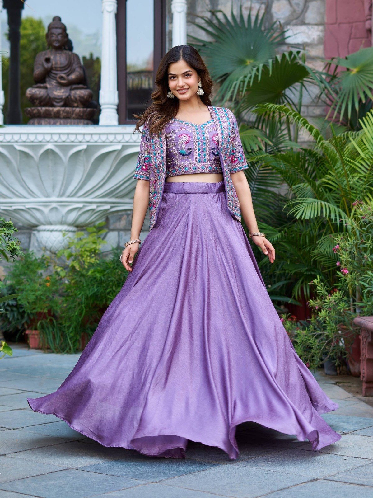 Women's Vichitra Stitched Lehenga Choli with Embroidered Jacket (Koti)