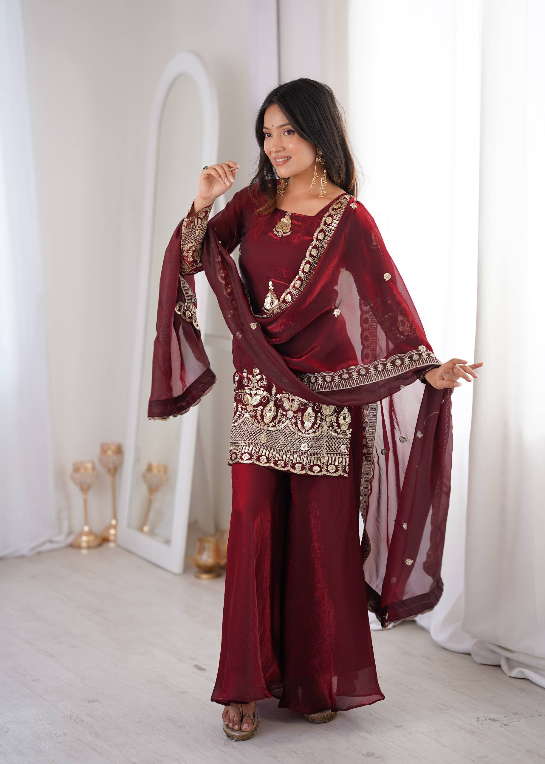 Women's Fendy Silk Embroidered Sharara Palazzo Set with Lace Border Dupatta