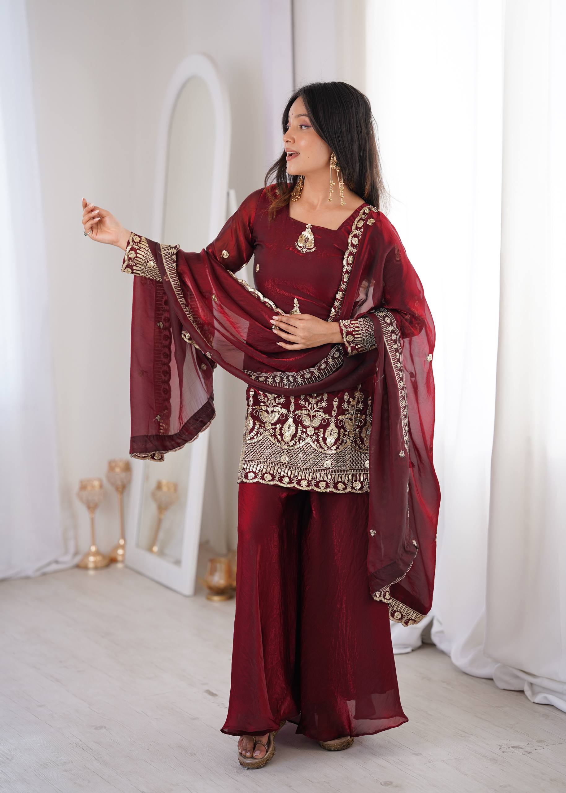 Women's Fendy Silk Embroidered Sharara Palazzo Set with Lace Border Dupatta
