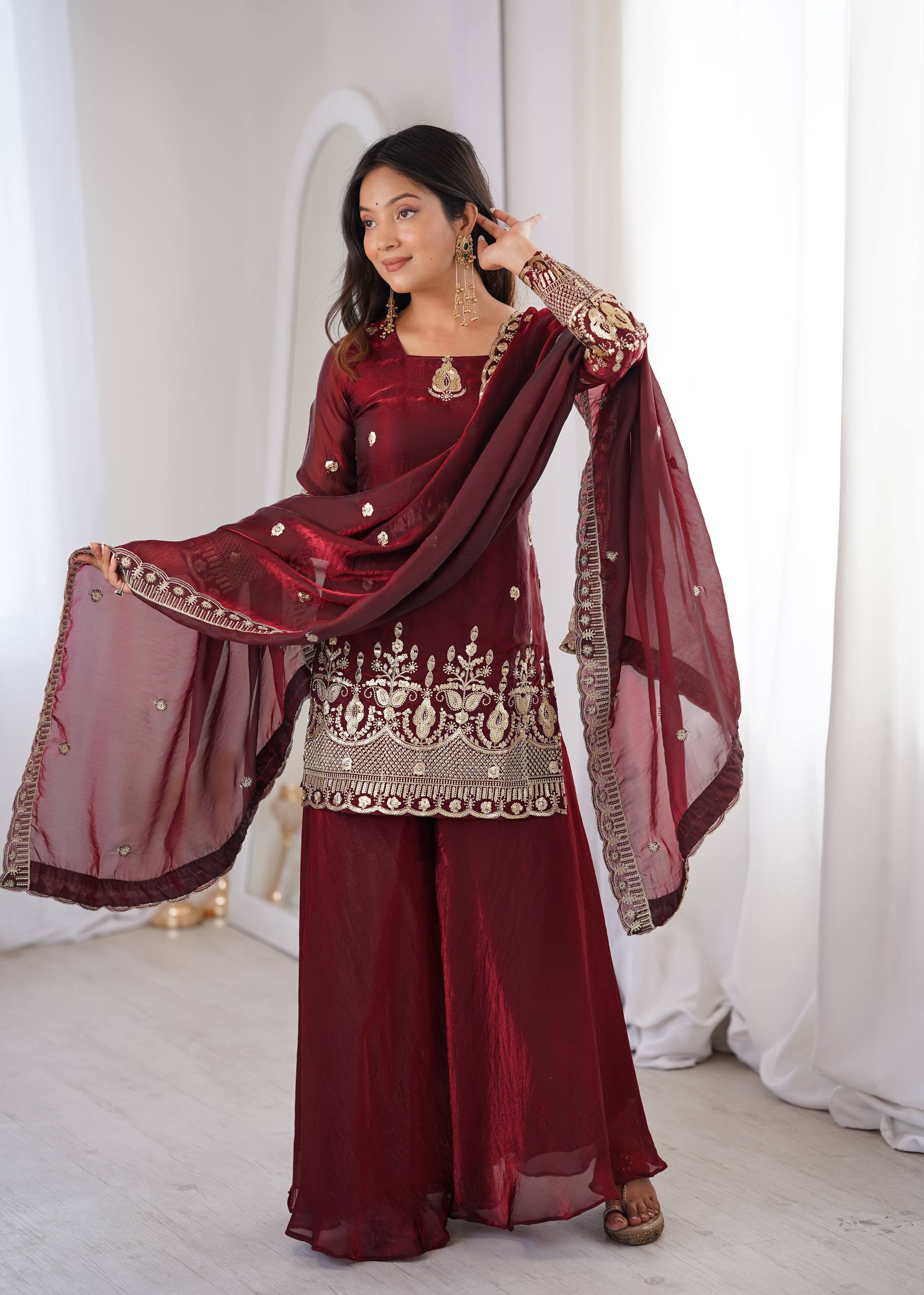 Women's Fendy Silk Embroidered Sharara Palazzo Set with Lace Border Dupatta