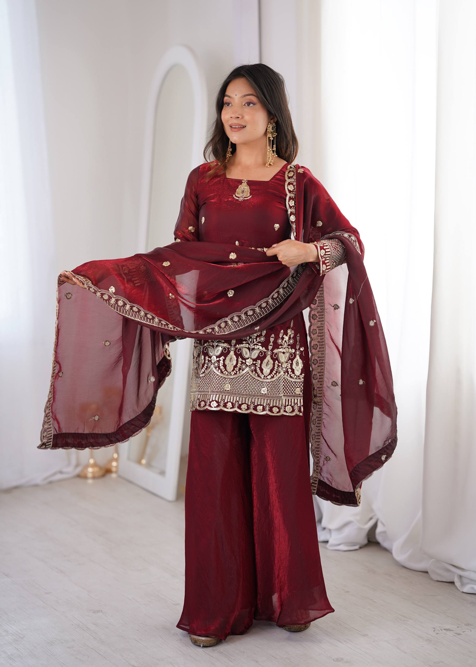 Women's Fendy Silk Embroidered Sharara Palazzo Set with Lace Border Dupatta
