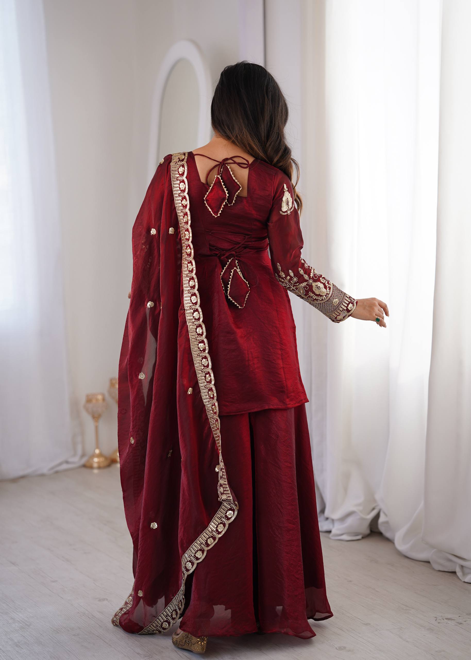 Women's Fendy Silk Embroidered Sharara Palazzo Set with Lace Border Dupatta