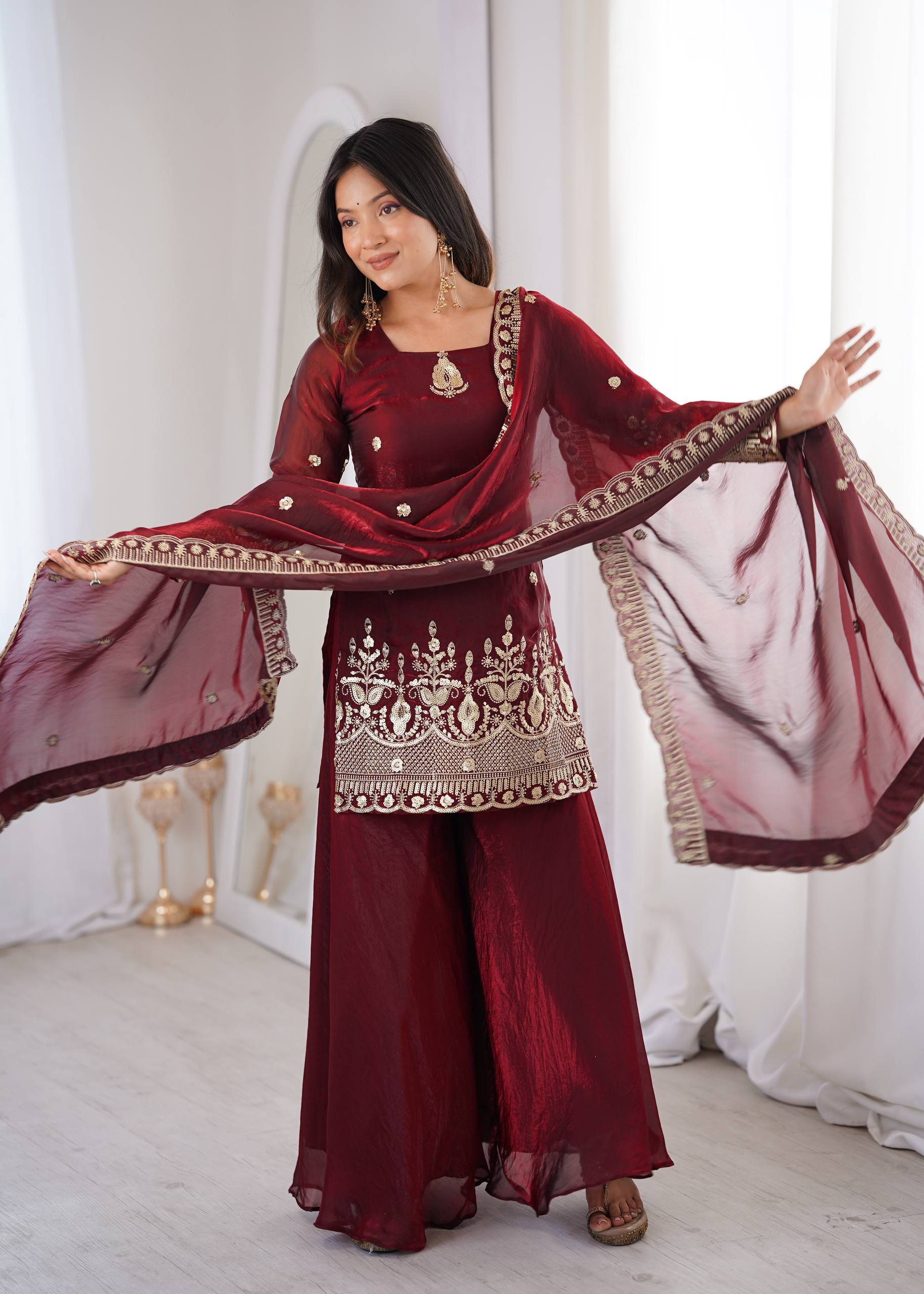 Women's Fendy Silk Embroidered Sharara Palazzo Set with Lace Border Dupatta