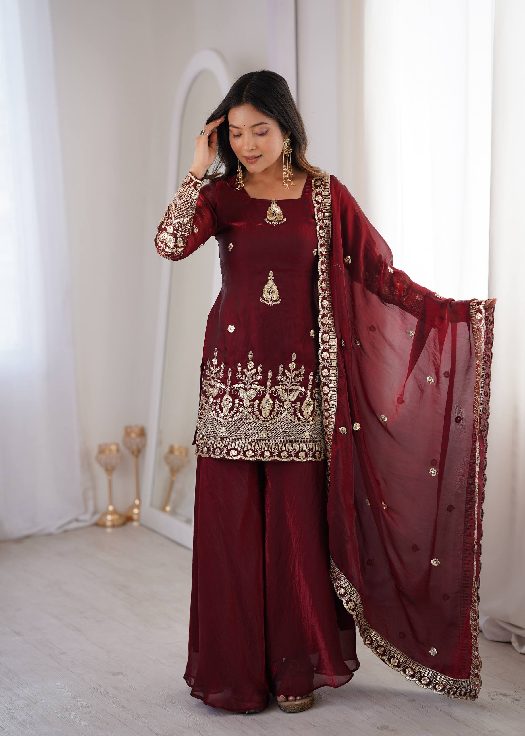 Women's Fendy Silk Embroidered Sharara Palazzo Set with Lace Border Dupatta