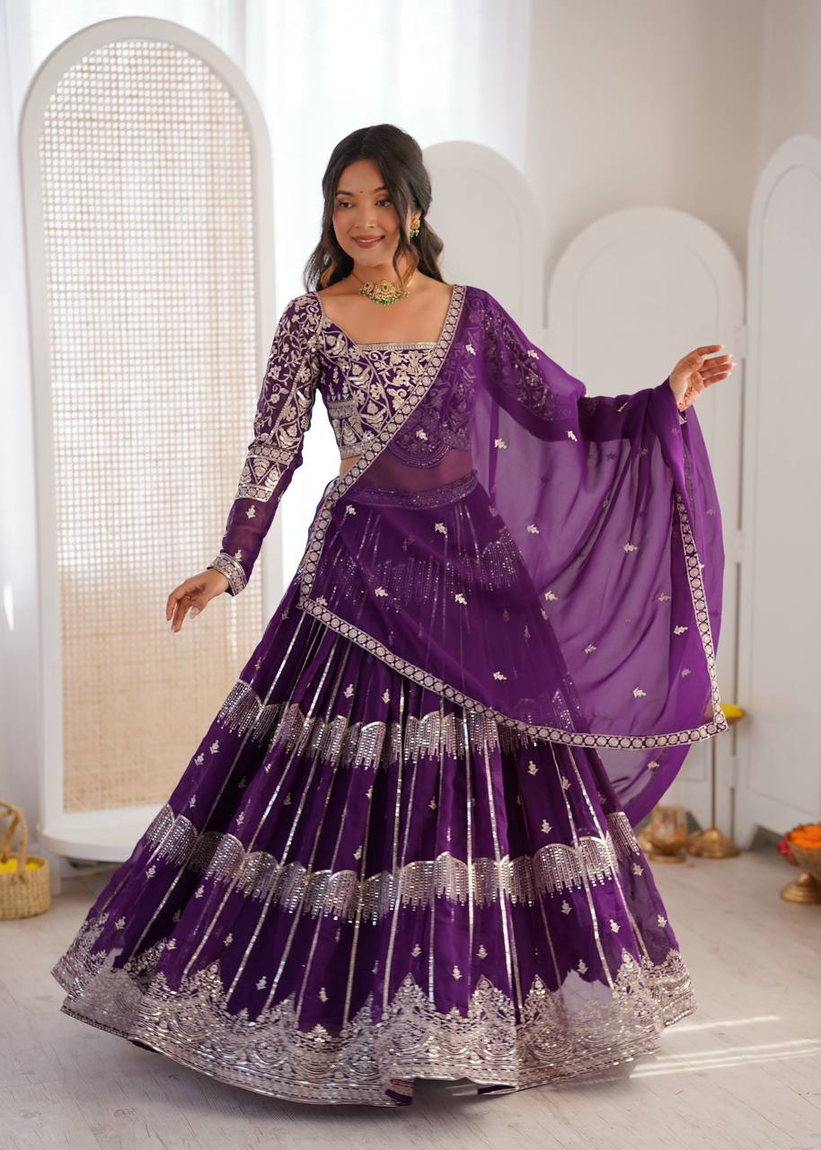 Women's Faux Georgette Thread Embroidered Lehenga Choli Set with Dupatta