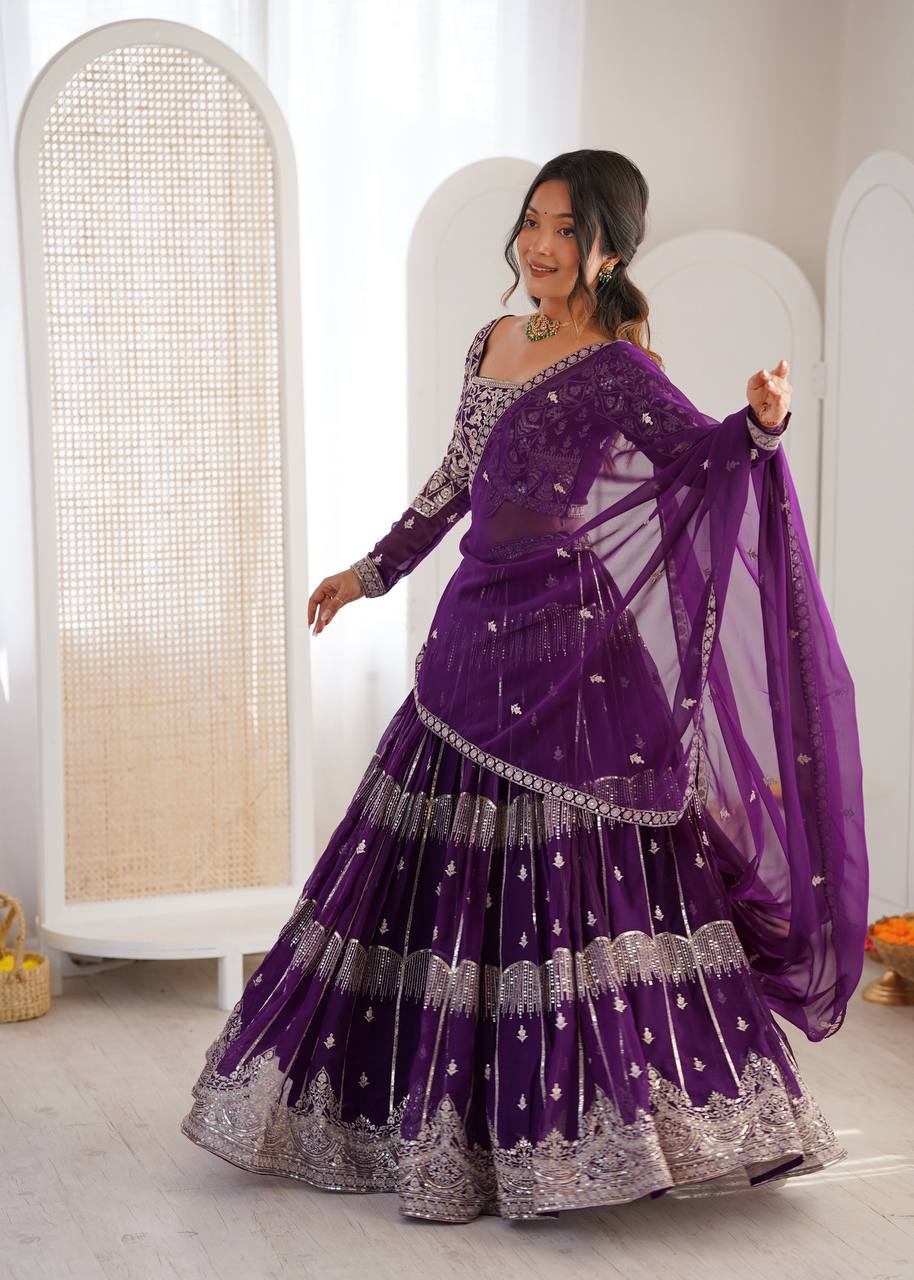Women's Faux Georgette Thread Embroidered Lehenga Choli Set with Dupatta
