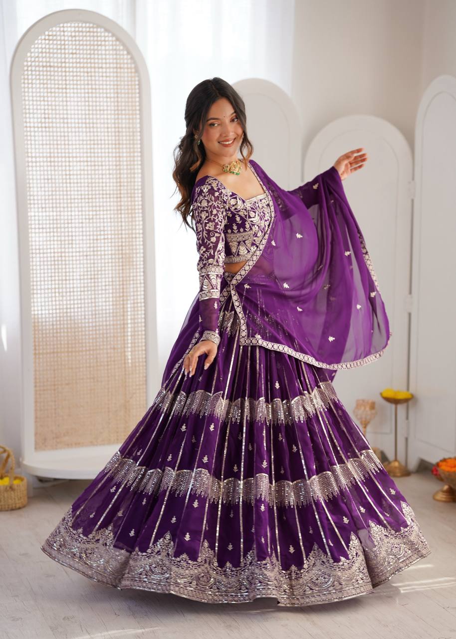 Women's Faux Georgette Thread Embroidered Lehenga Choli Set with Dupatta