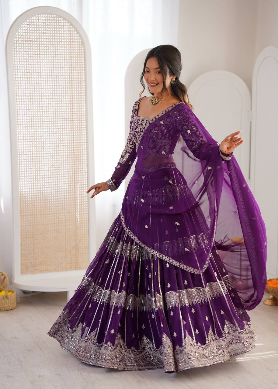 Women's Faux Georgette Thread Embroidered Lehenga Choli Set with Dupatta