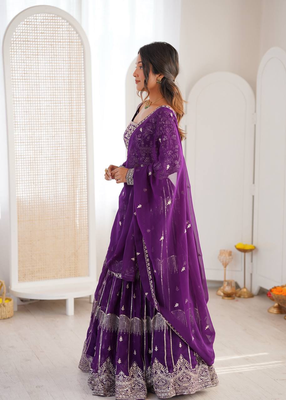 Women's Faux Georgette Thread Embroidered Lehenga Choli Set with Dupatta