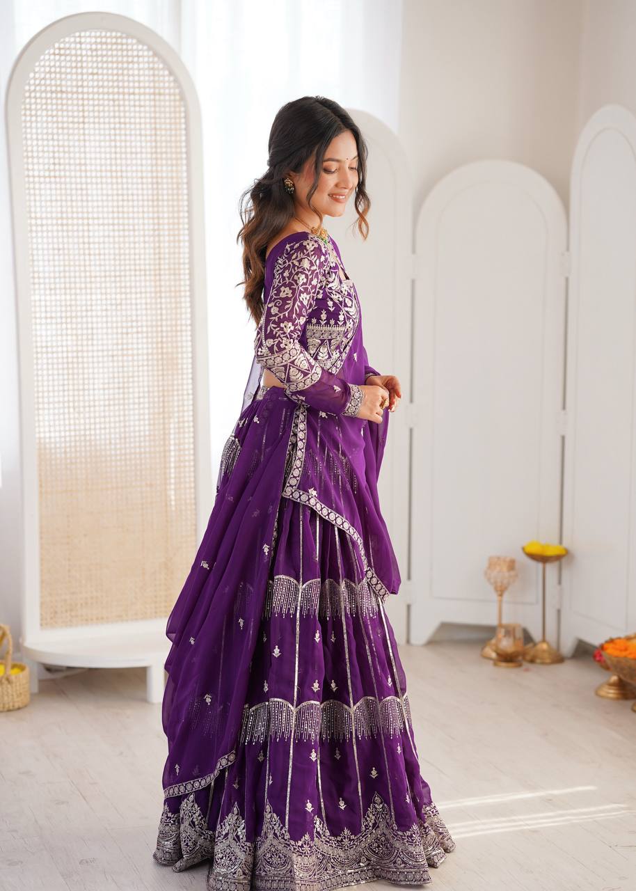 Women's Faux Georgette Thread Embroidered Lehenga Choli Set with Dupatta