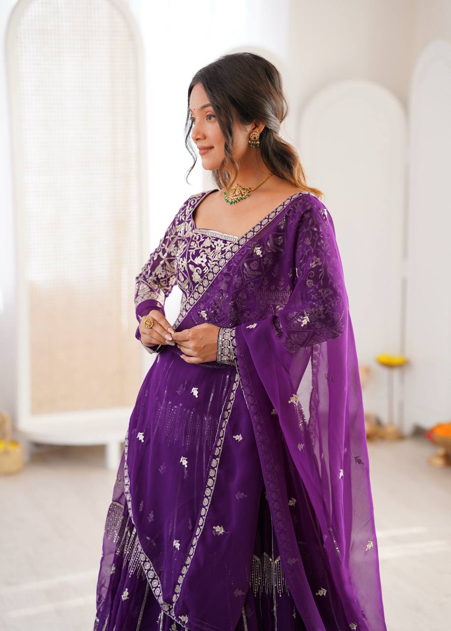 Women's Faux Georgette Thread Embroidered Lehenga Choli Set with Dupatta
