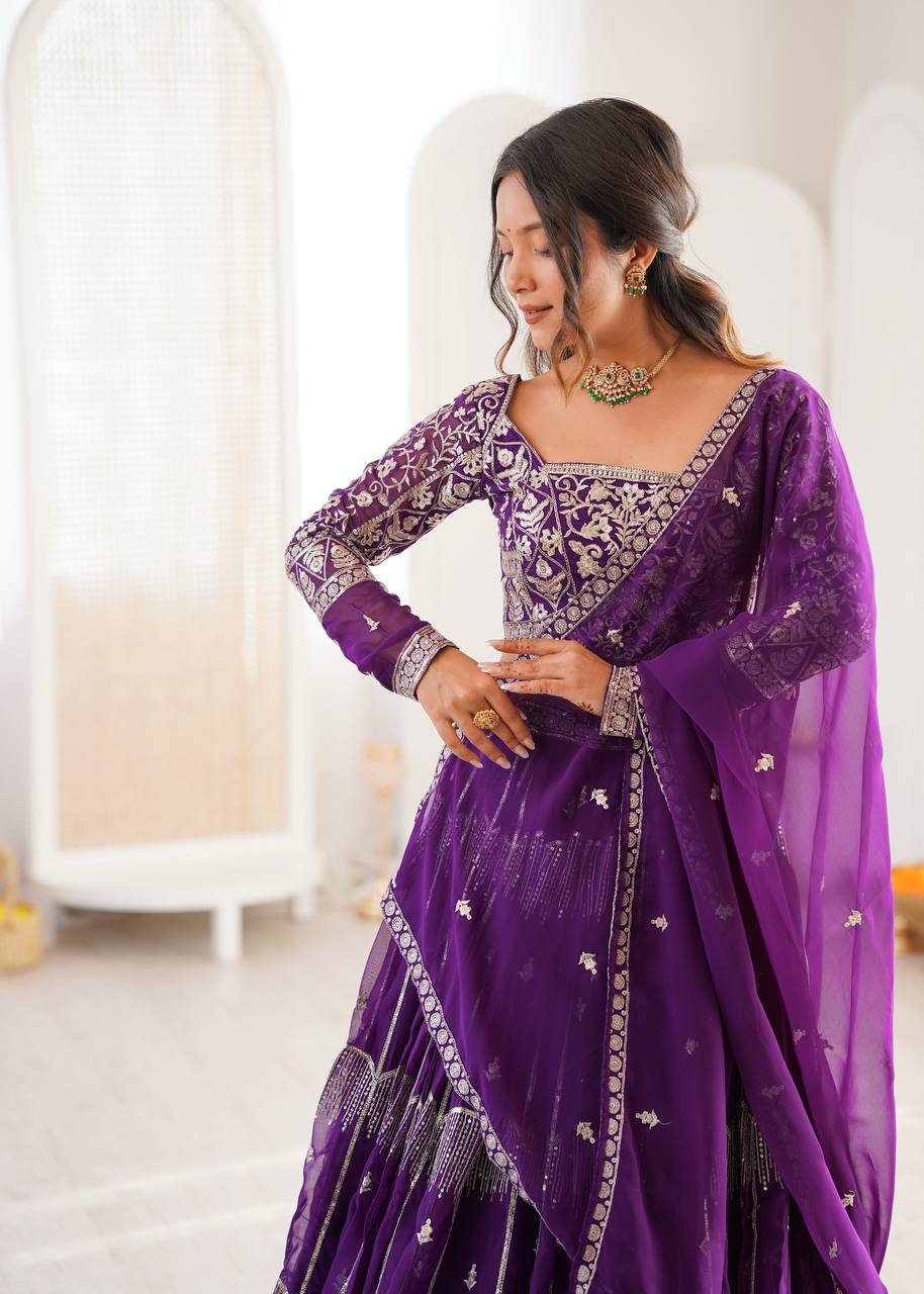Women's Faux Georgette Thread Embroidered Lehenga Choli Set with Dupatta
