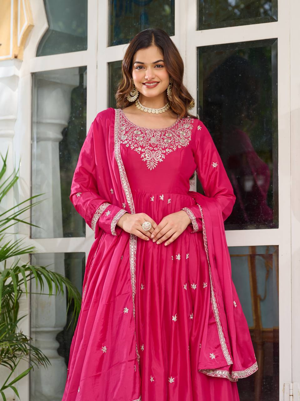 Women's American Silk Embroidered Gown Set with Pant and Dupatta