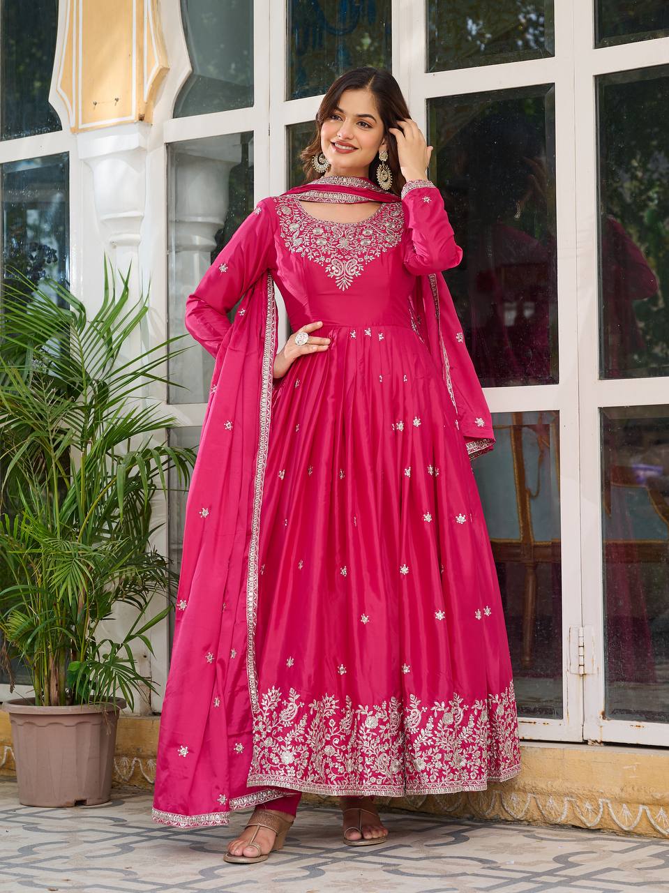 Women's American Silk Embroidered Gown Set with Pant and Dupatta