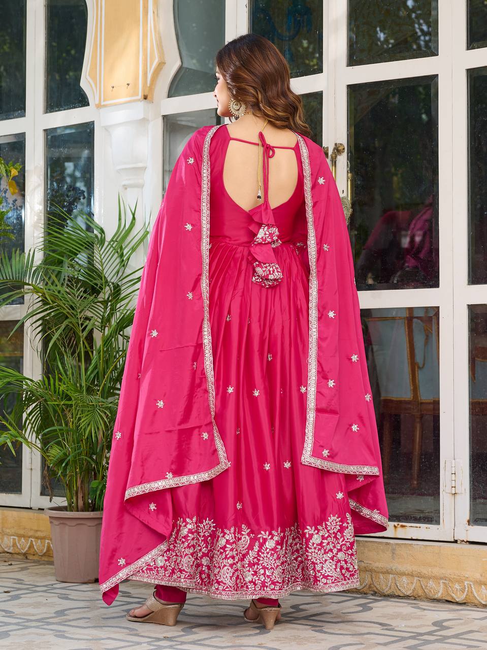 Women's American Silk Embroidered Gown Set with Pant and Dupatta