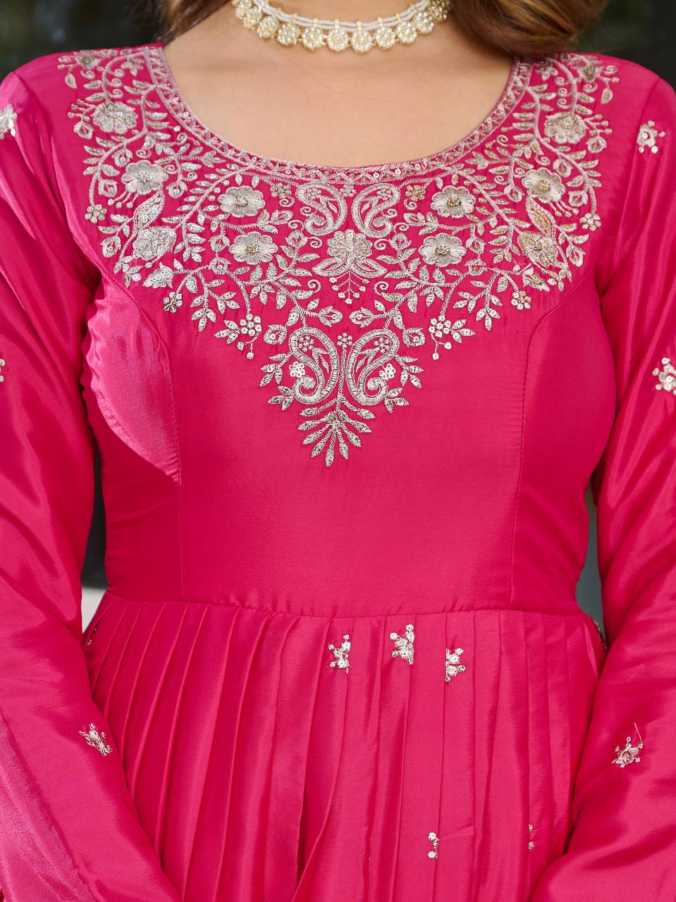 Women's American Silk Embroidered Gown Set with Pant and Dupatta
