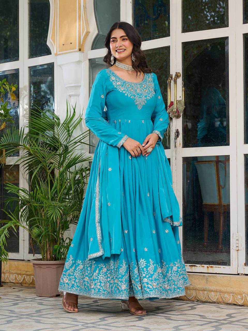 Women's American Silk Embroidered Gown Set with Pant and Dupatta