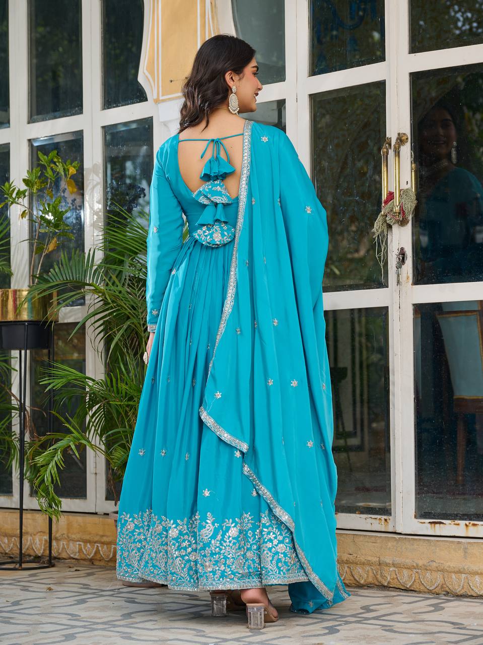 Women's American Silk Embroidered Gown Set with Pant and Dupatta