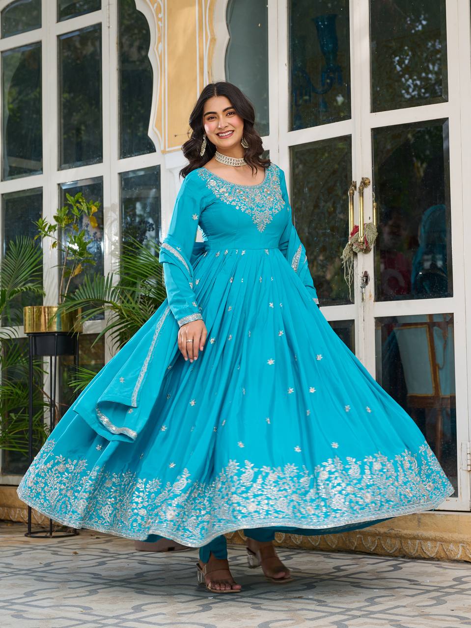 Women's American Silk Embroidered Gown Set with Pant and Dupatta