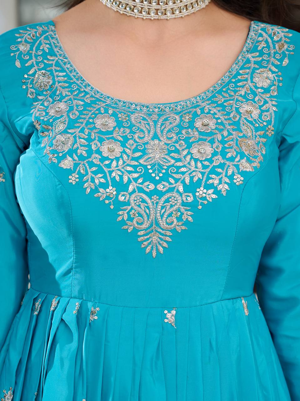 Women's American Silk Embroidered Gown Set with Pant and Dupatta