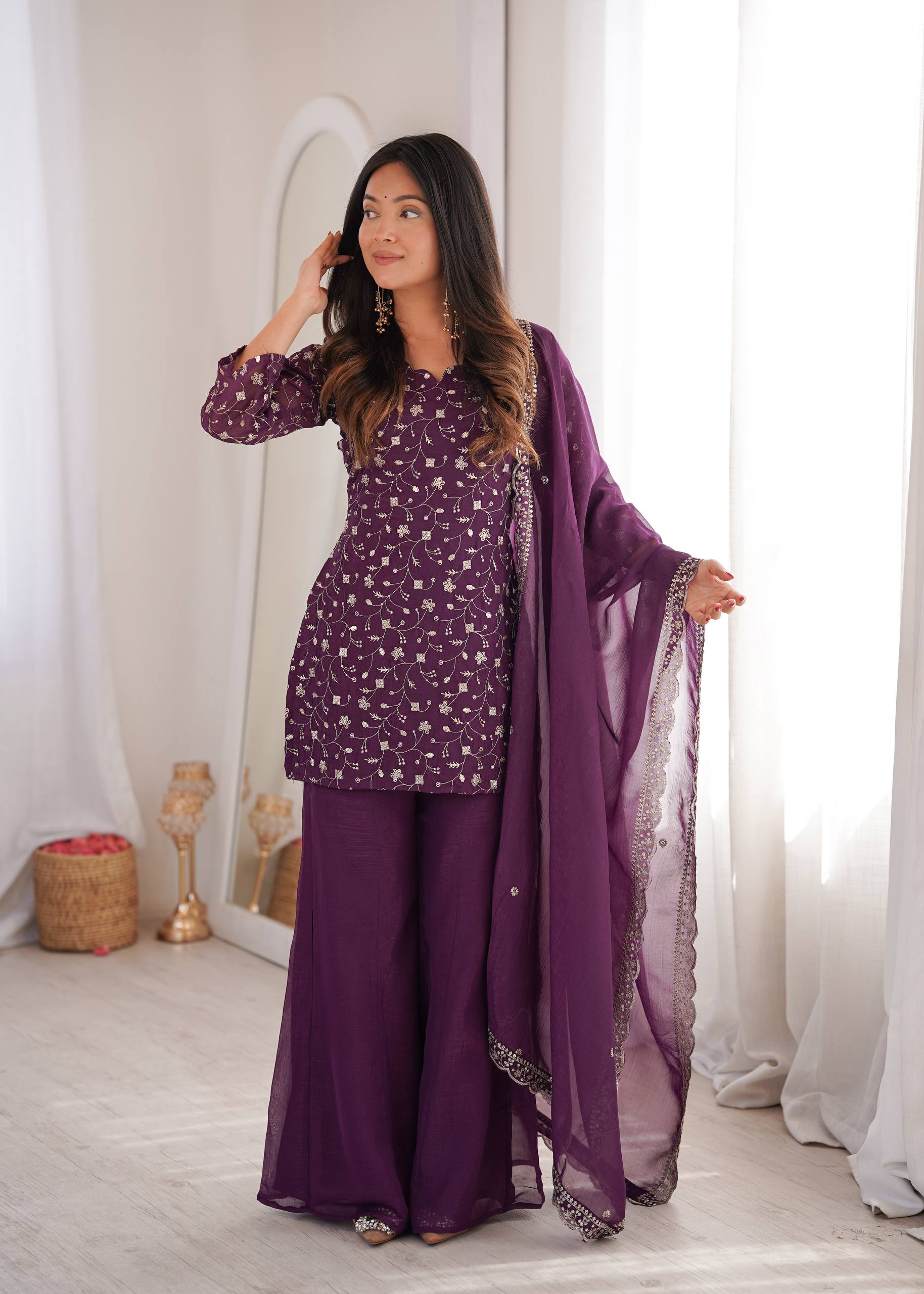 Women's Crunchy Silk Embroidered Kurta Set with Bell Bottom Pant and Dupatta