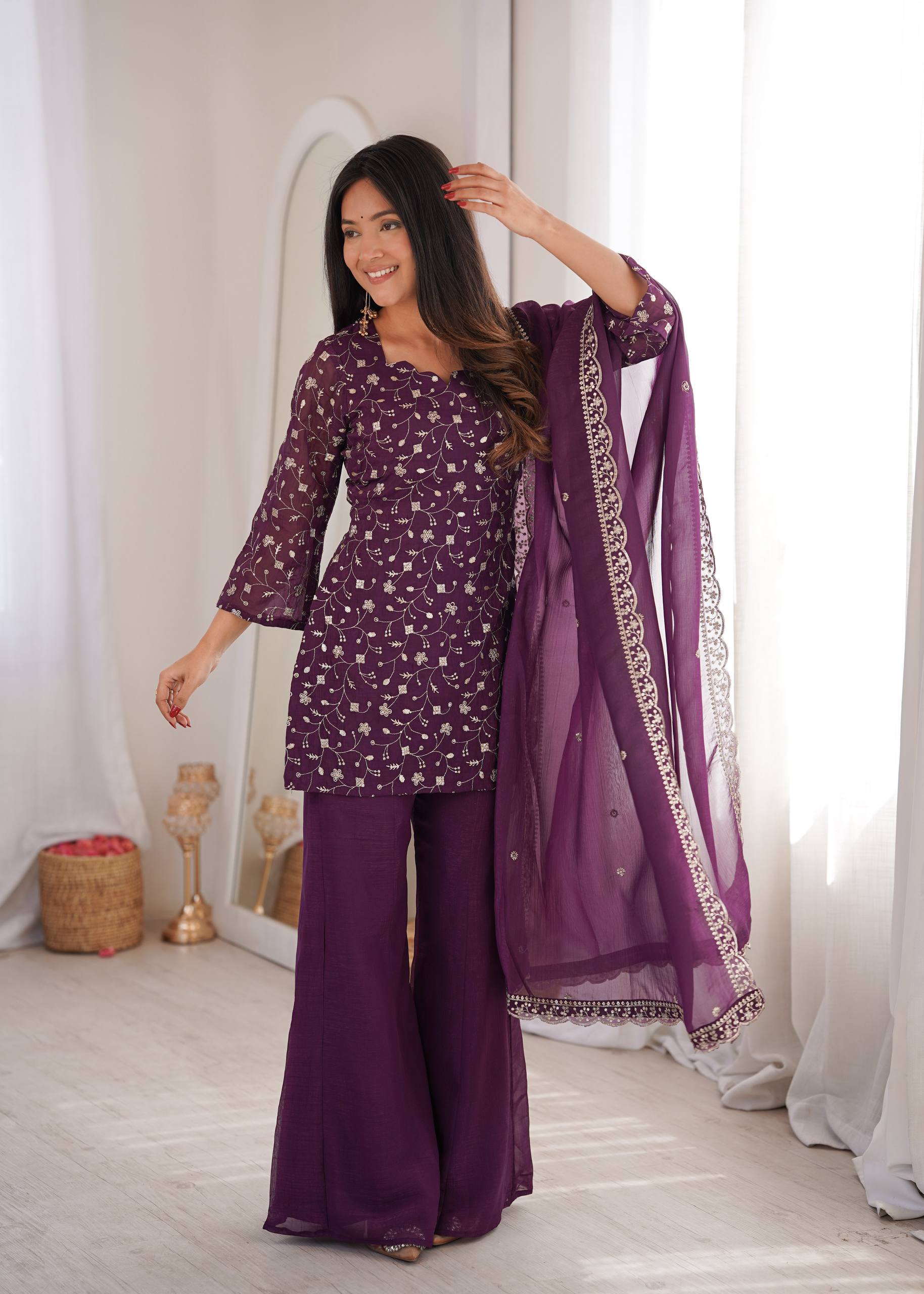 Women's Crunchy Silk Embroidered Kurta Set with Bell Bottom Pant and Dupatta