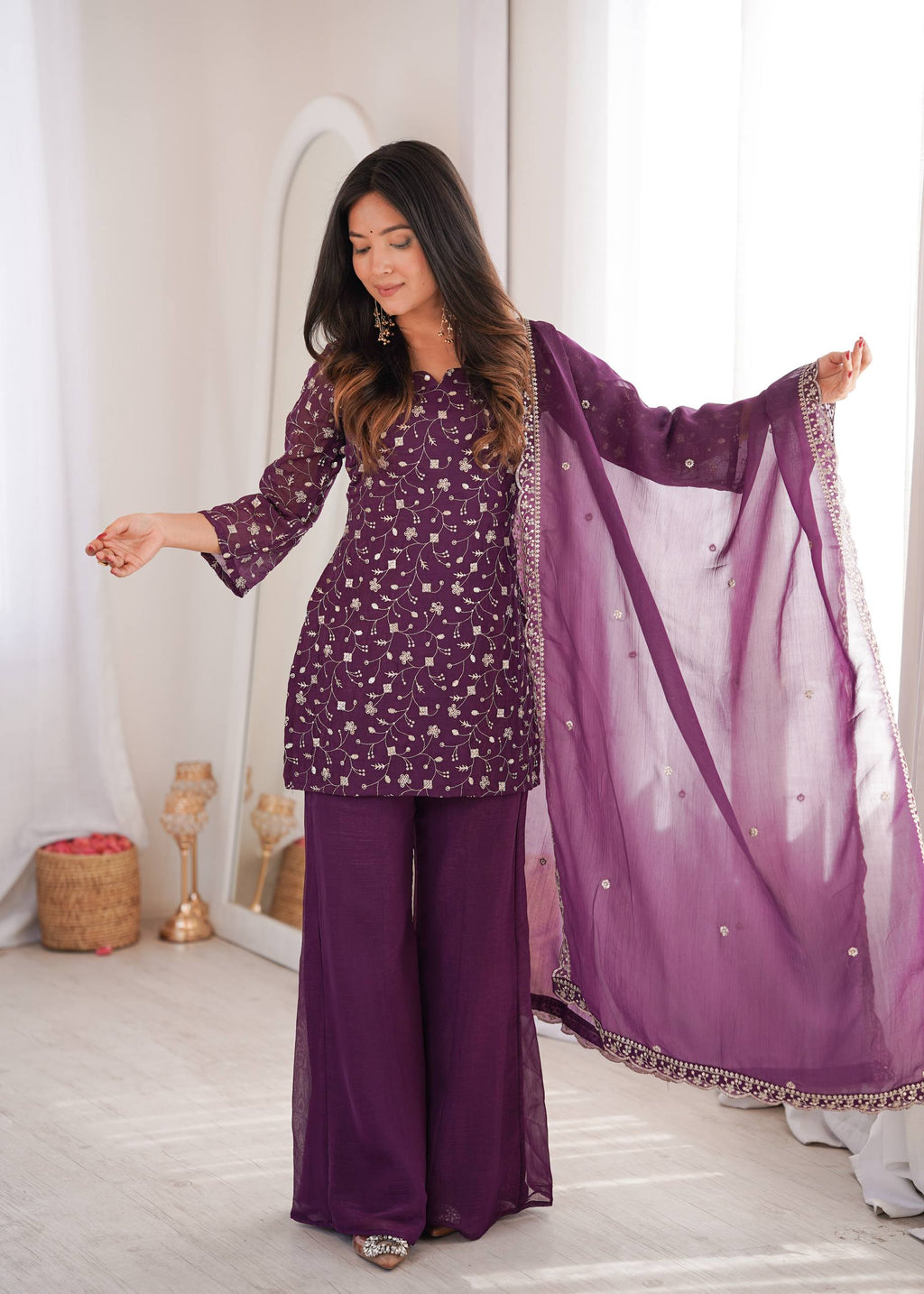 Women's Crunchy Silk Embroidered Kurta Set with Bell Bottom Pant and Dupatta