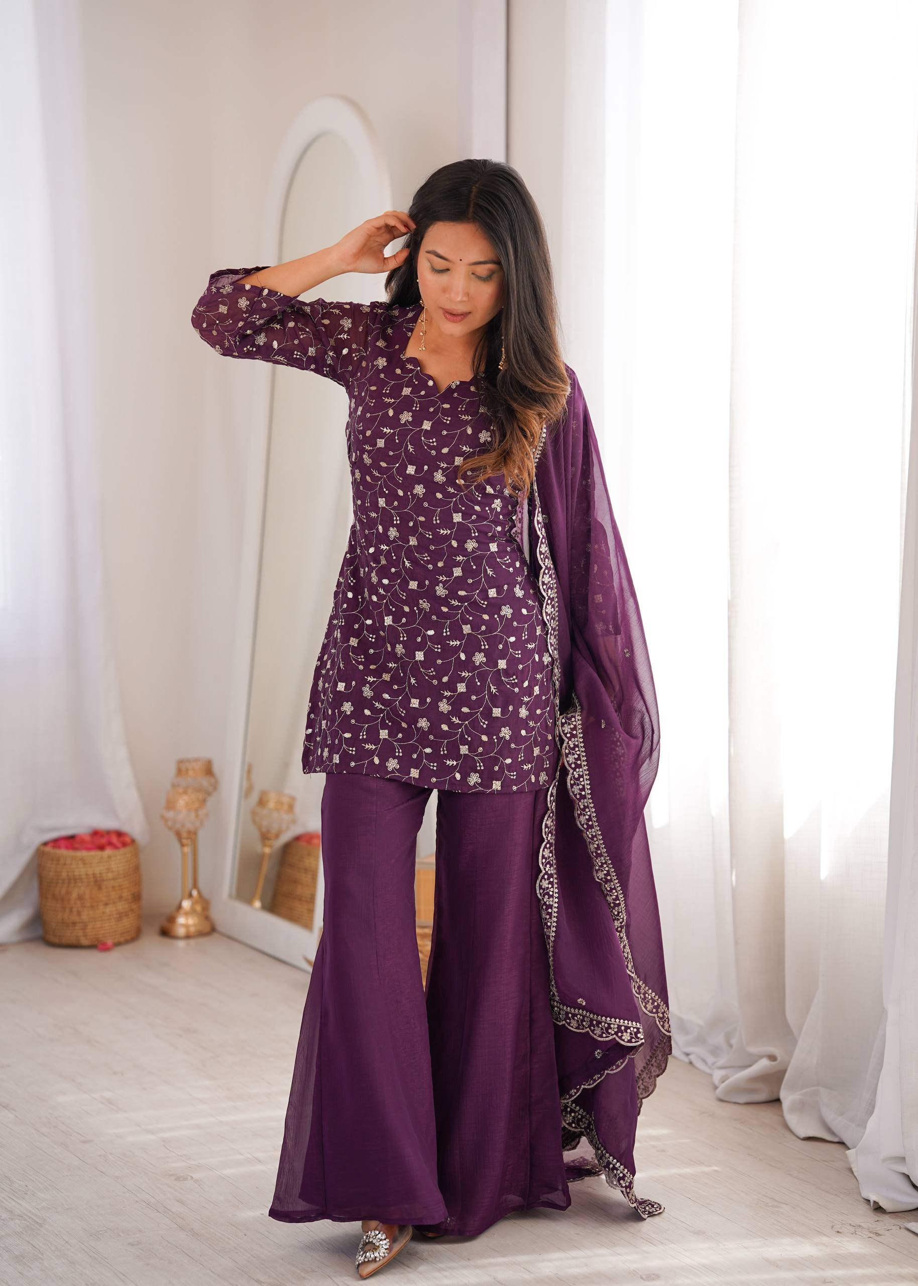 Women's Crunchy Silk Embroidered Kurta Set with Bell Bottom Pant and Dupatta