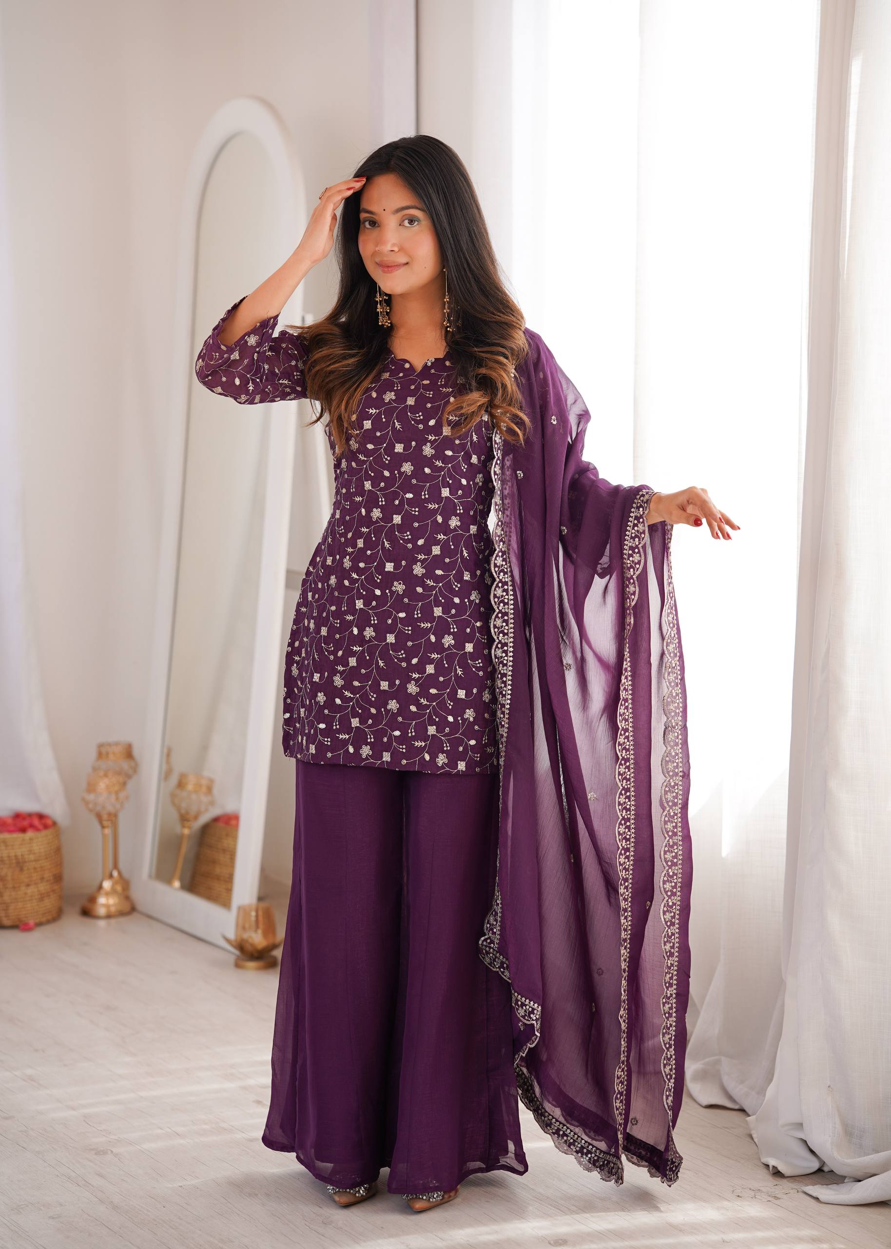 Women's Crunchy Silk Embroidered Kurta Set with Bell Bottom Pant and Dupatta