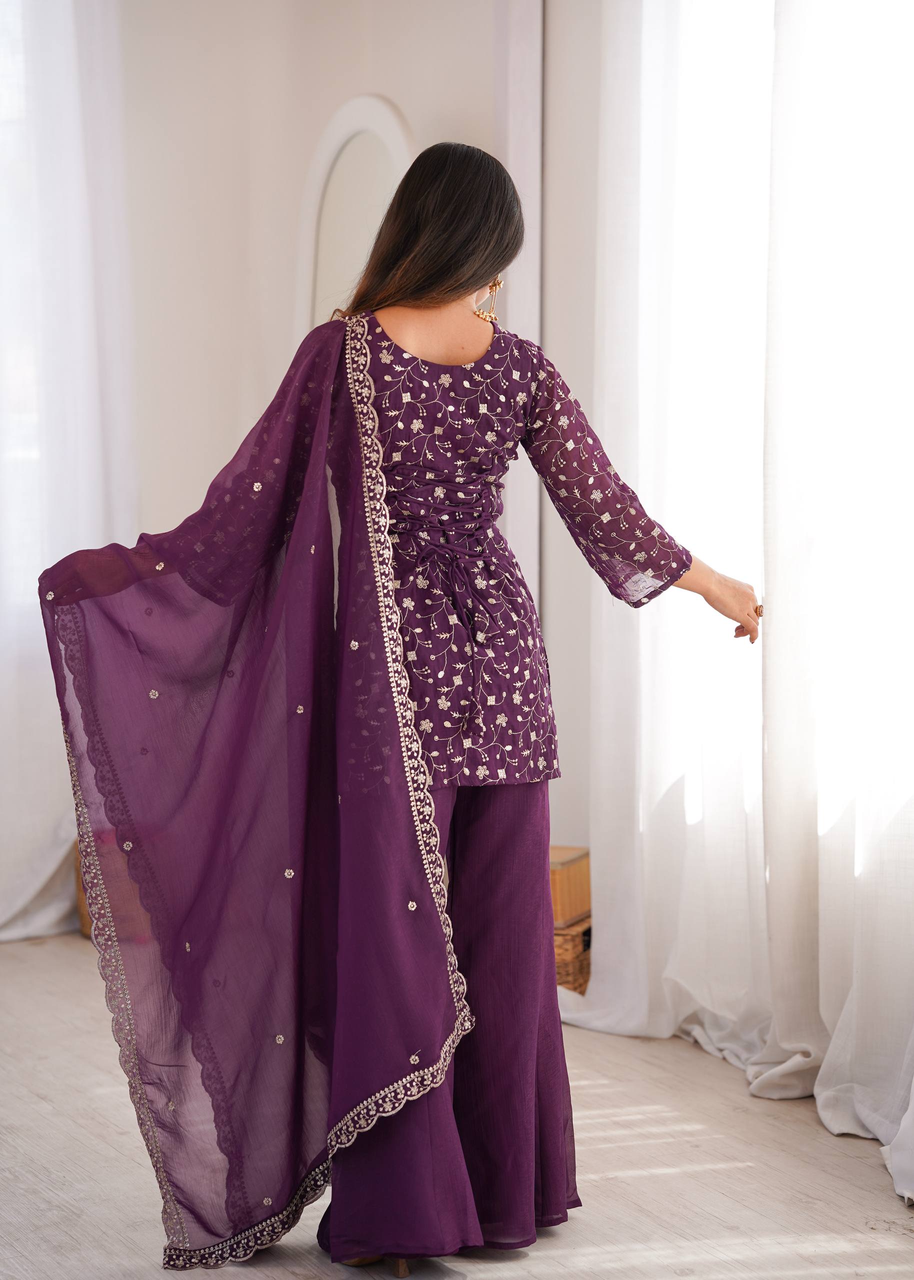 Women's Crunchy Silk Embroidered Kurta Set with Bell Bottom Pant and Dupatta
