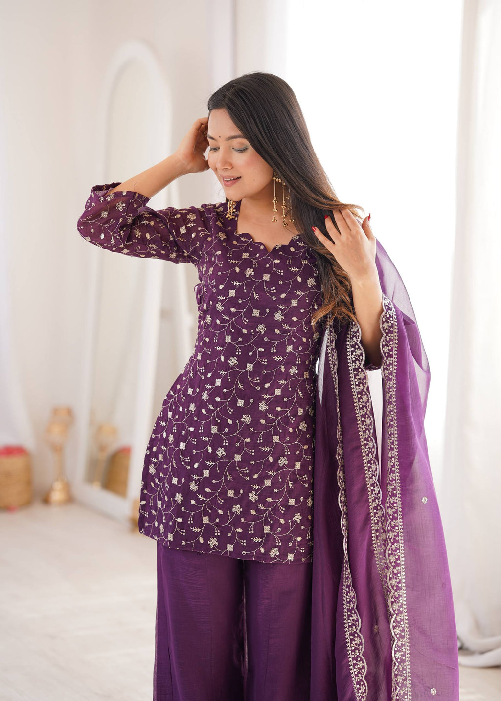Women's Crunchy Silk Embroidered Kurta Set with Bell Bottom Pant and Dupatta