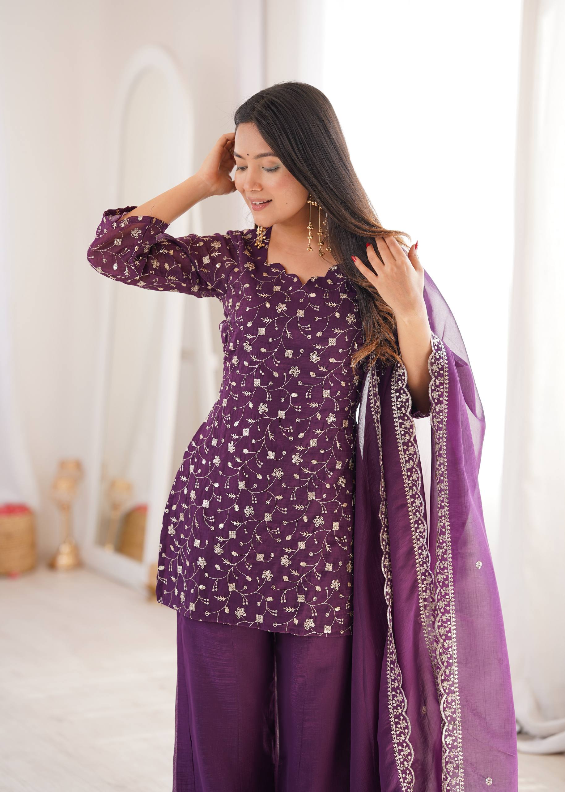 Women's Crunchy Silk Embroidered Kurta Set with Bell Bottom Pant and Dupatta