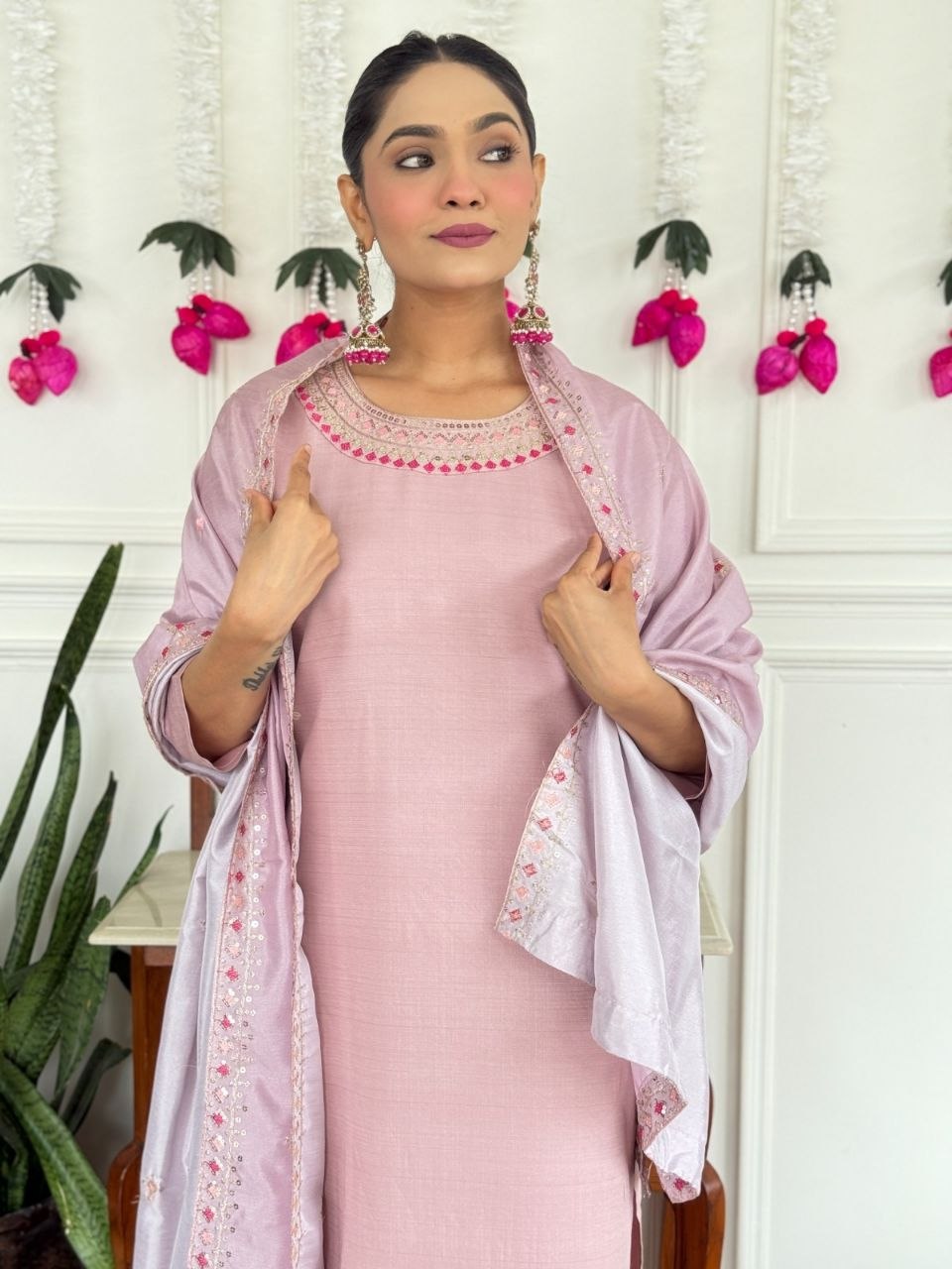 Women's Embroidered PV Chanderi Kurta Pant Set with Silk Dupatta