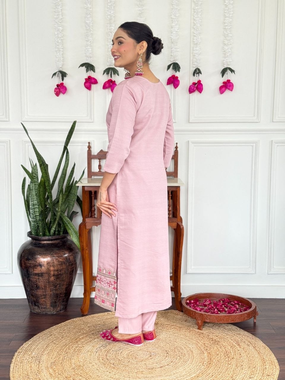 Women's Embroidered PV Chanderi Kurta Pant Set with Silk Dupatta