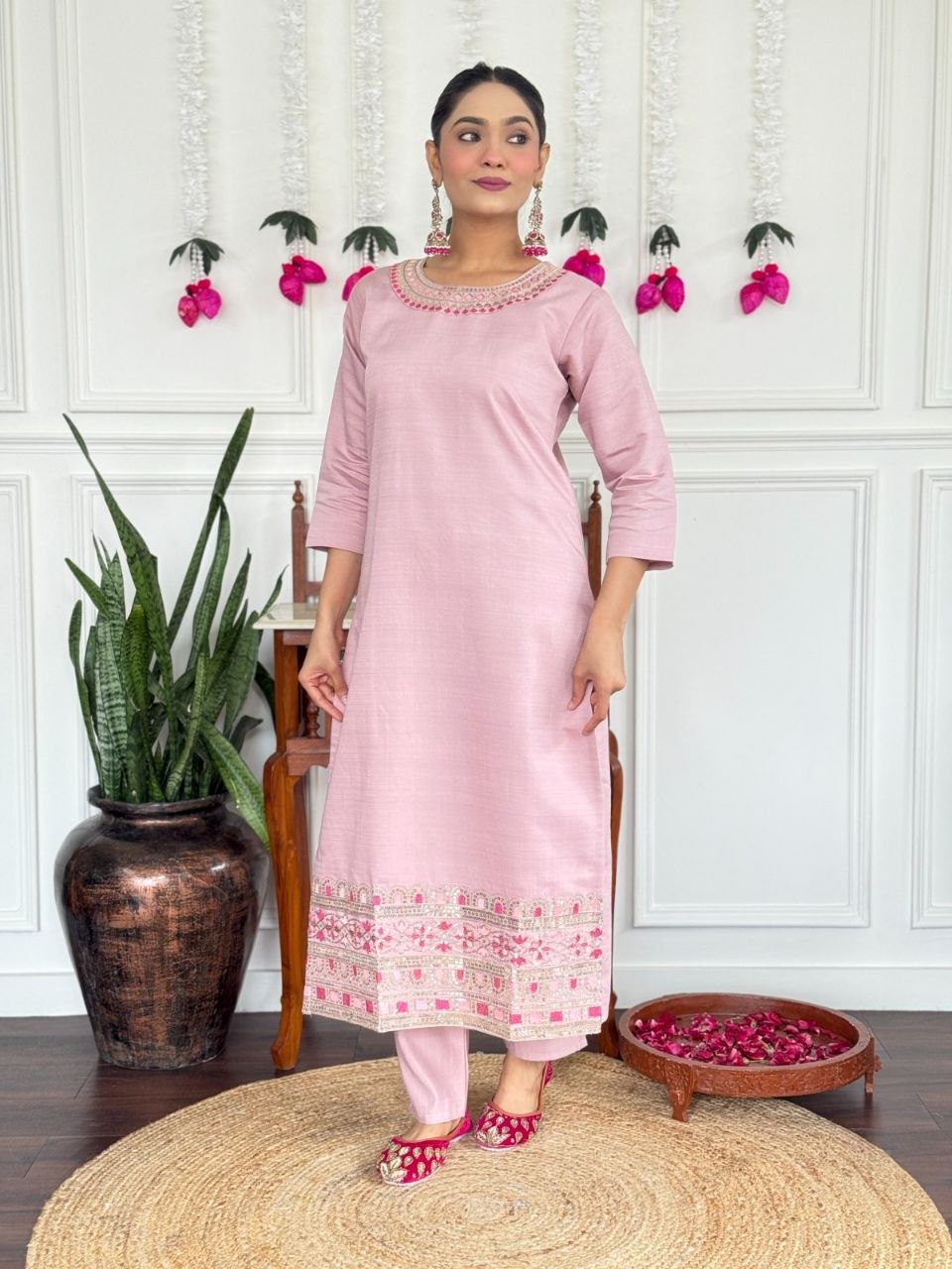 Women's Embroidered PV Chanderi Kurta Pant Set with Silk Dupatta