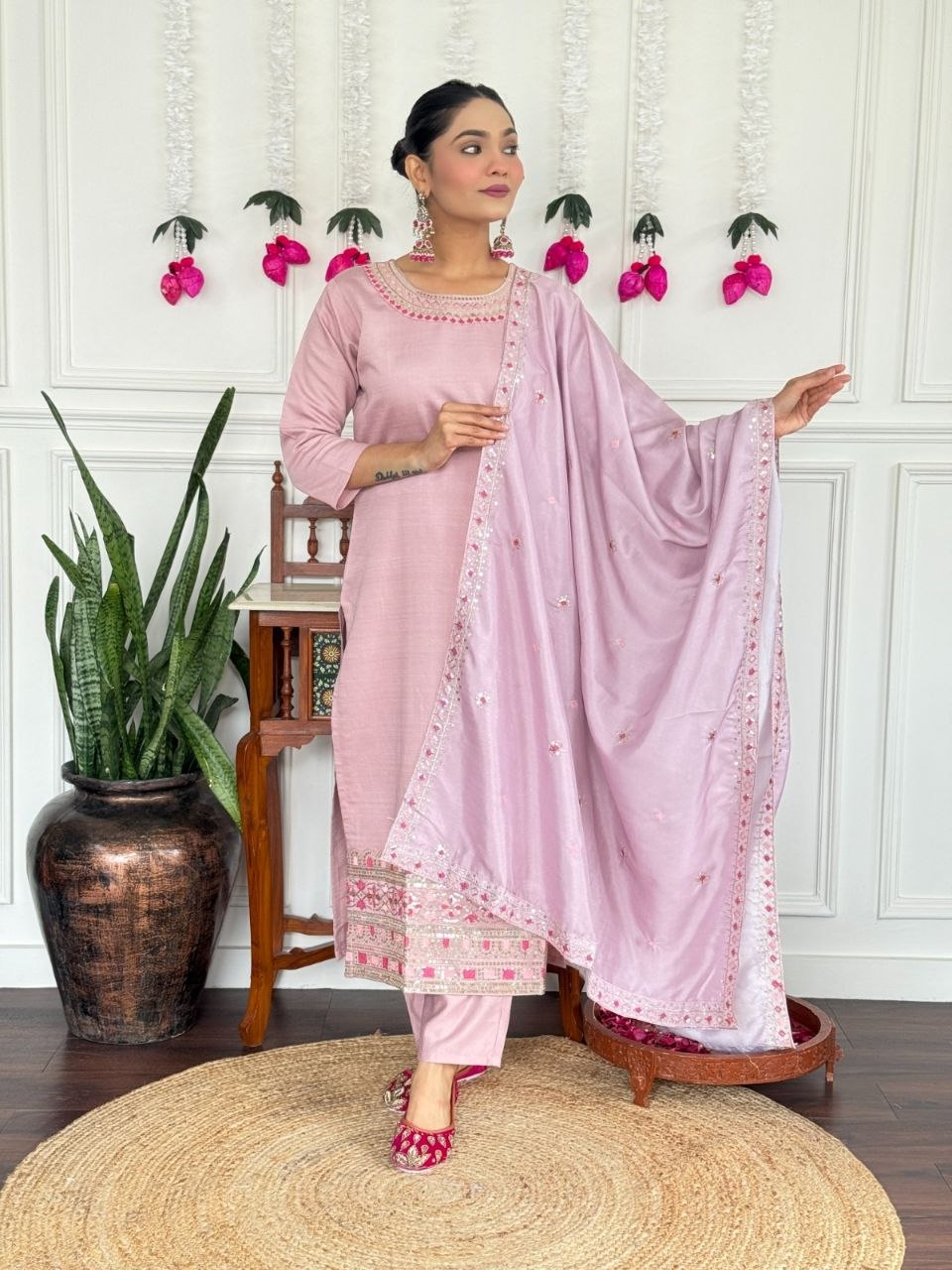 Women's Embroidered PV Chanderi Kurta Pant Set with Silk Dupatta