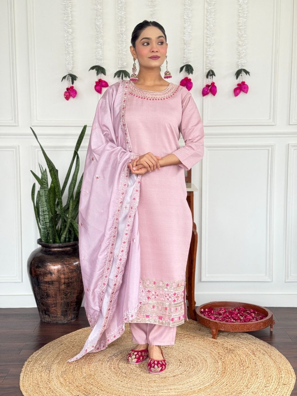 Women's Embroidered PV Chanderi Kurta Pant Set with Silk Dupatta
