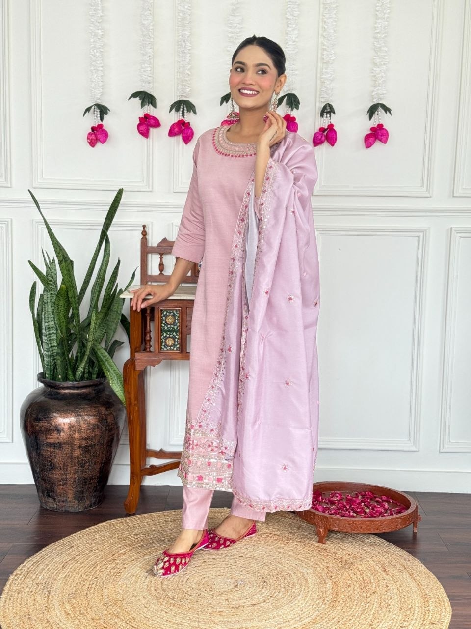 Women's Embroidered PV Chanderi Kurta Pant Set with Silk Dupatta