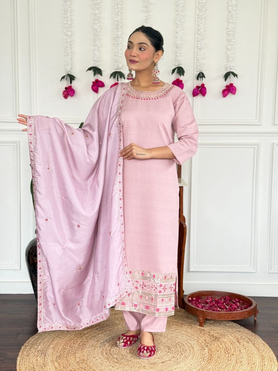 Women's Embroidered PV Chanderi Kurta Pant Set with Silk Dupatta