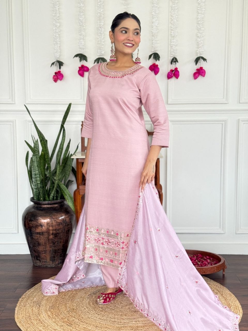 Women's Embroidered PV Chanderi Kurta Pant Set with Silk Dupatta